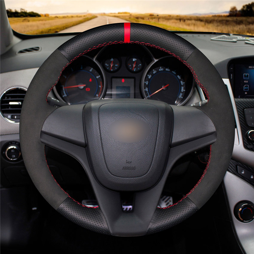 Loncky Auto Custom Fit OEM Black Genuine Leather Suede Car Steering Wheel Cover for Chevrolet